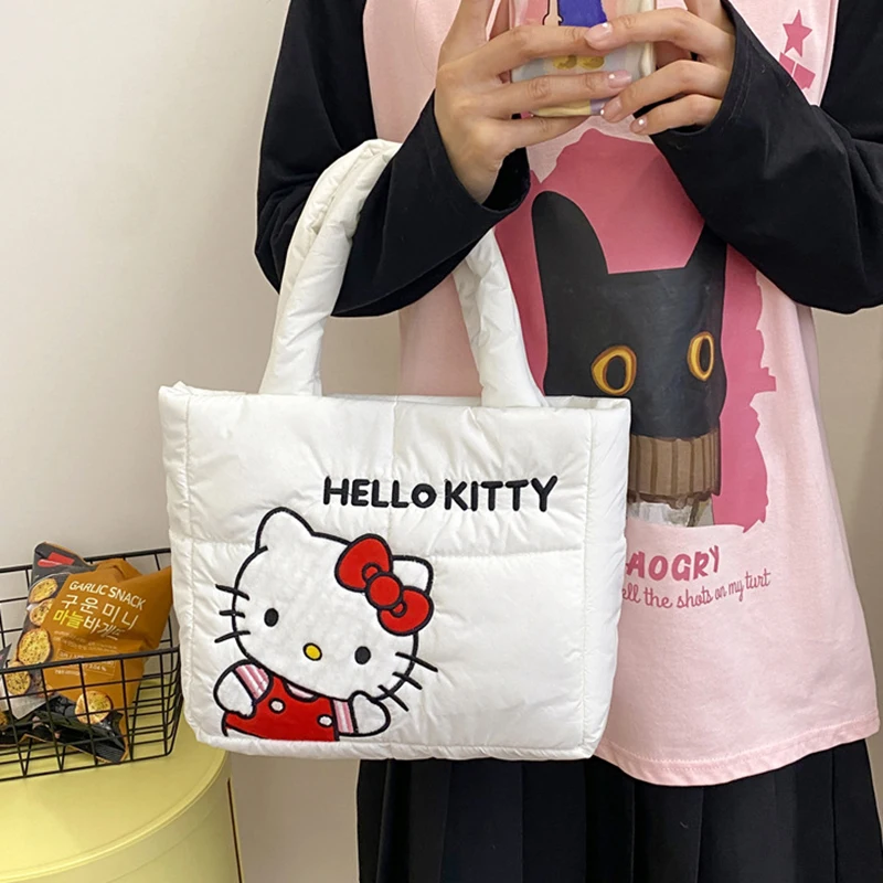 MINISO Sanrio Series Cartoon Cute Down Cloth Handbag Casual Large Capacity Shoulder Bag Melody Kuromi Tote Bag