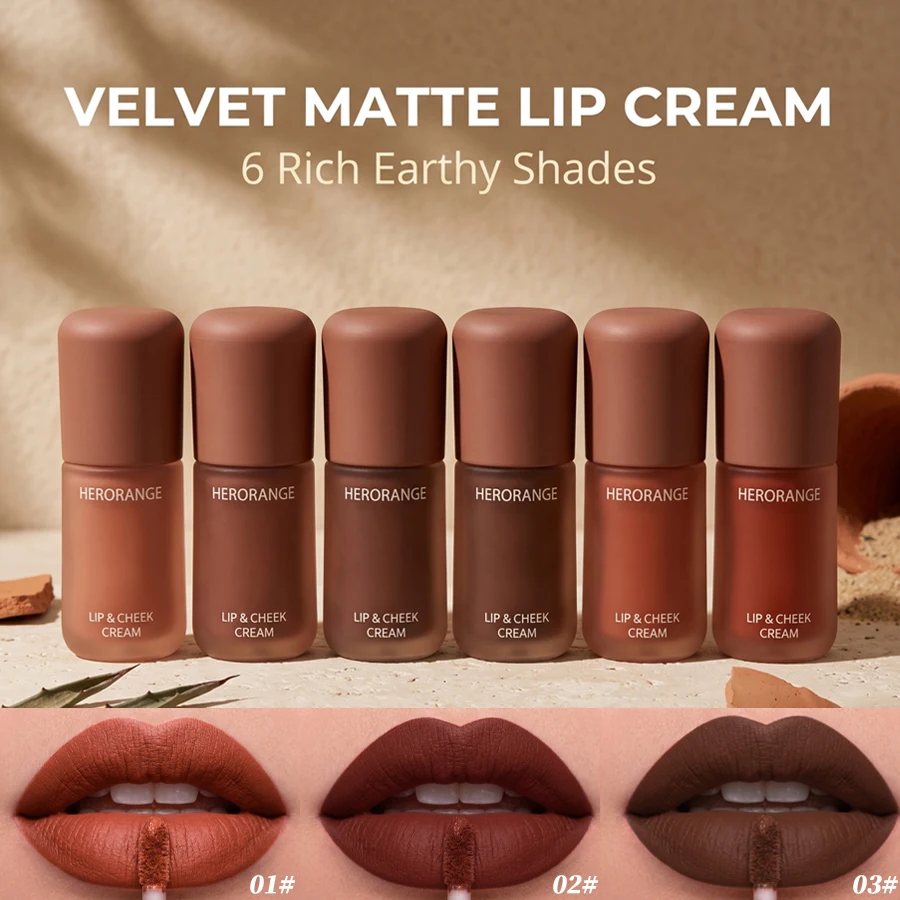 Herorange Soft Velvet Matte Lip Gloss, 6 Earthy Shades Mousse Texture, Long Lasting Blendable Non-Drying Daily Lip Makeup