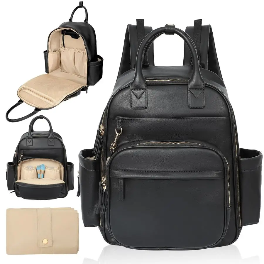 

Bag Backpack,Leather Baby Bag with 16 Pockets,Large Travel Diaper Backpack,Baby Essential Organizer,4 Insulated Pockets,Changing