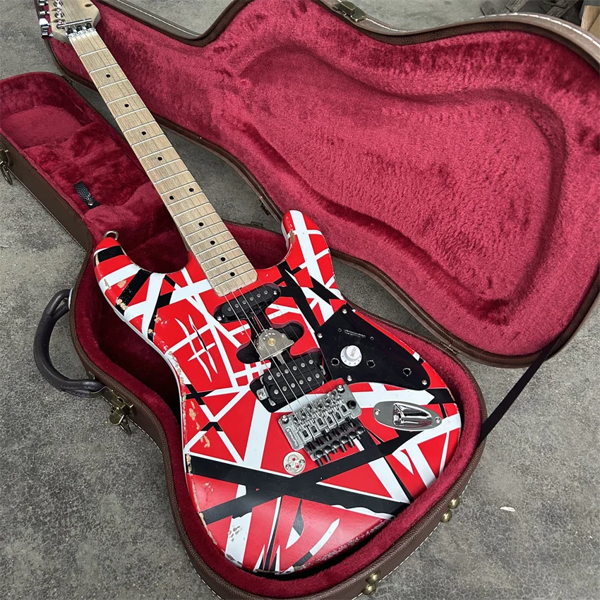 Stock Edward Eddie Van Halen Heavy Relic Red Frank-en Electric Guitar Black White Stripes Floyd Rose Tremolo Bridge Slanted