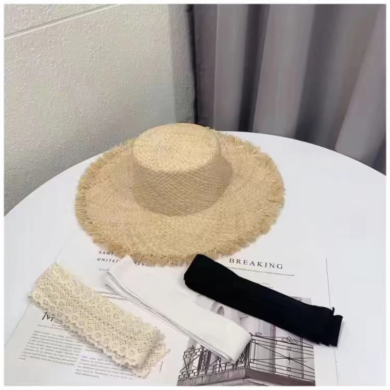 Fashion Handmade 100%natural Raffia Dame Top Big Brim Straw Hat Beach Girl Holiday Panama Sunscreen Breathable Sun Hat Wholesale