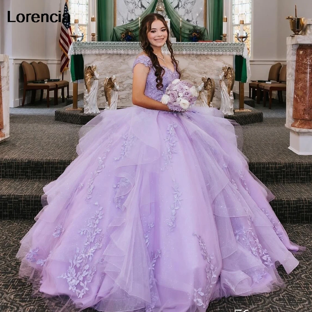 

Lorencia Shiny Lavender Quinceanera Dress 2024 Ball Gown Lace Applique Beaded Ruffles Mexico Sweet 16 Vestidos De 15 Años YQD854