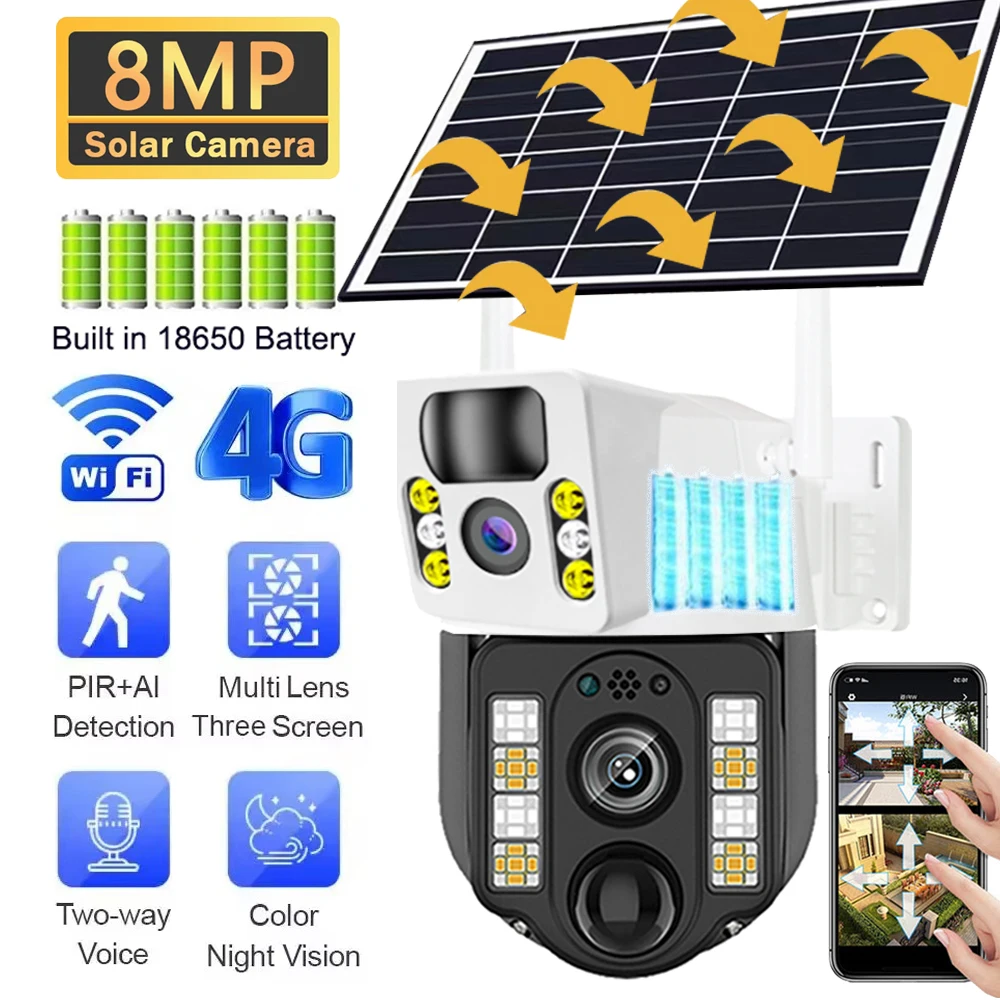 4K 8MP Dual Lens Solar 4G WiFi Camera batteria Wireless a bassa potenza IP Camara PIR Motion Detect sorveglianza Video CCTV esterna