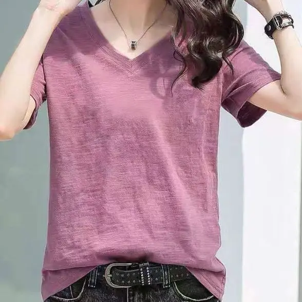 

Женская футболка свободного кроя из 00% чистого хлопка, бамбукового вискозы ort Sve, корейский топ с v-образным вырезом, большие размеры f Sve irt