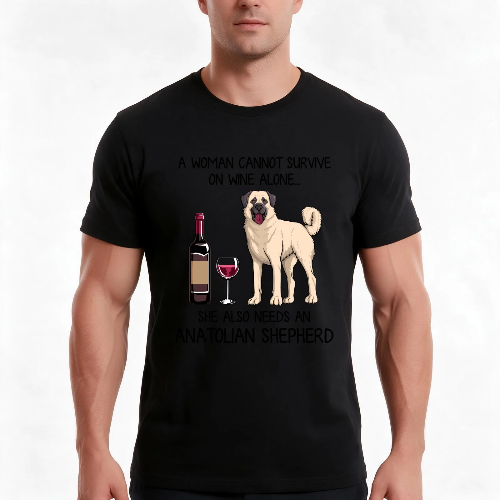 Anatolian Shepherd and wine Funny gift for dog mom T-Shirt Summer Casual Cotton Tee Oversized Streetwear Tops 100% Cotton