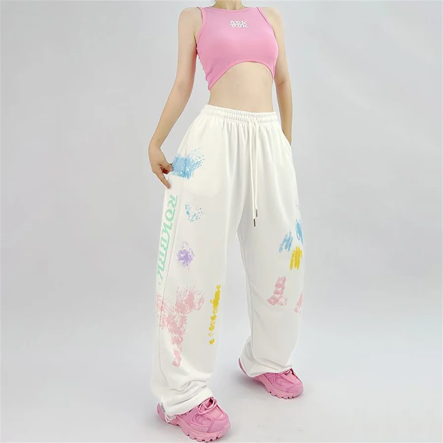 

American Retro Street Wide Leg Pants With Colorful Printed Jazz Dance Elastic Waist Guard Pants Loose High Waisted Casual White