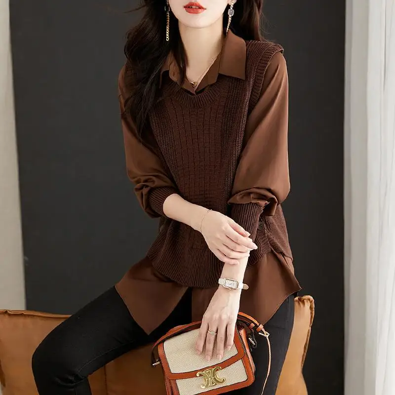 Female Clothing Commute Fake Two Pieces Solid Color Polo-Neck Knitted Sweaters Stylish Spliced Autumn Winter Korean Jumpers 2022