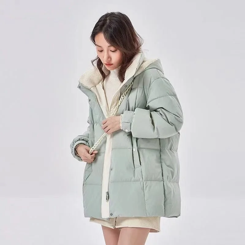 2023 New Winter Cotton Clothing Women Fashion Versatile Length Loose Cotton Jacket Hooded Cotton Cotto Lamb Wooln Jacket