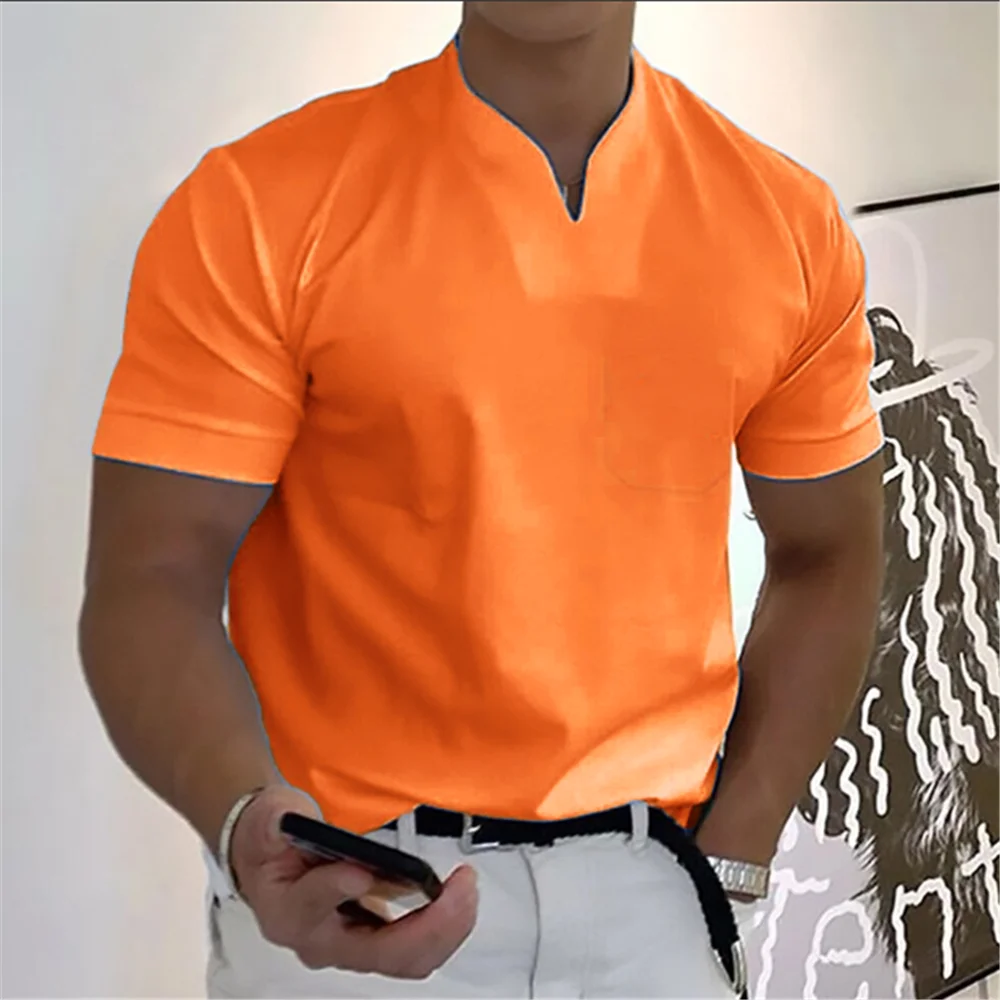 2024 New Men\'s Polo T-Shirts Short Sleeve V-Neck Tops Daily Men\'s Solid Color Clothes Golf Shirts Workout Fitness Sports Wear