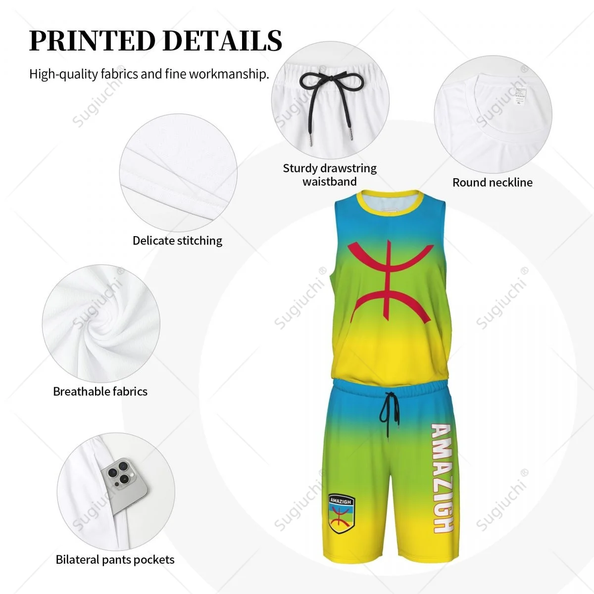 Men Amazigh Berber Flag Basketball Jersey Set Mesh Shirt & Pants Sleeveless Exclusive Team-up Custom Name Nunber Unisex