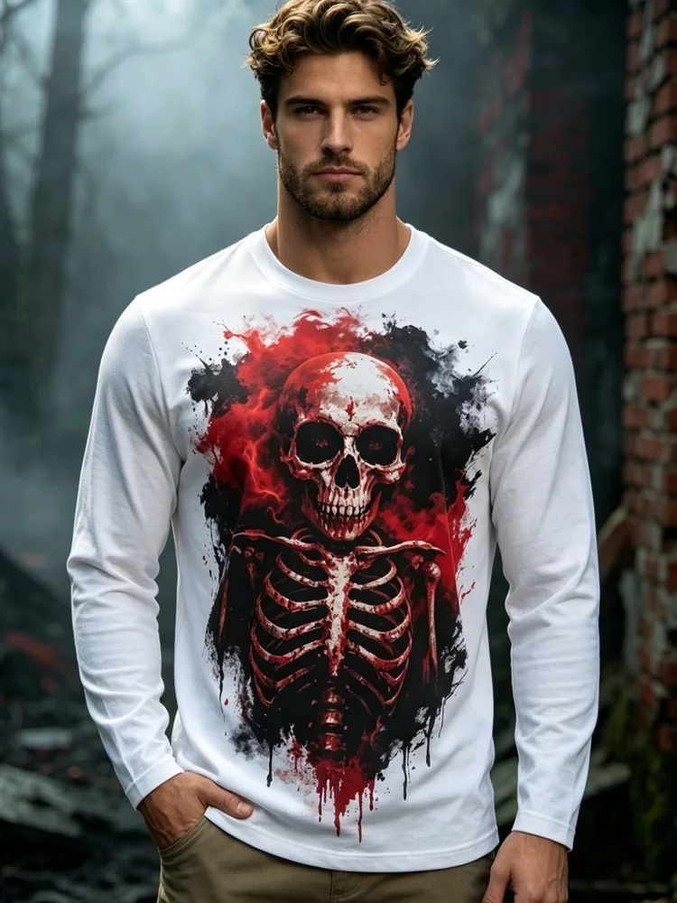 Men's Skull Skeleton Long Sleeve T-Shirt Blood Red Black Splatter Graphic Tee Gothic Dark Horror Pullover Tops Gift New 2026