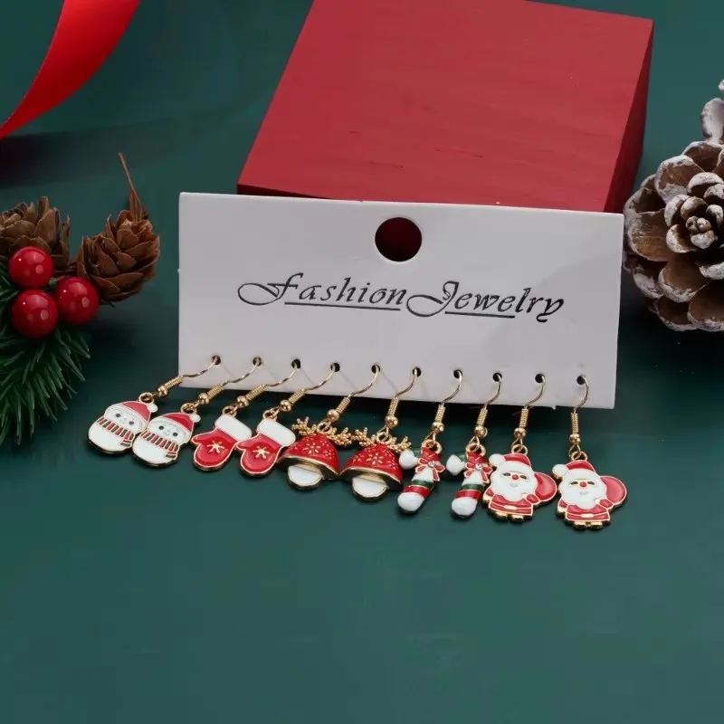 Conjunto de aretes navideños Diseño creativo Papá Noel Muñeco de nieve Copo de nieve Estrellas Pendientes y aretes de árbol de Navidad