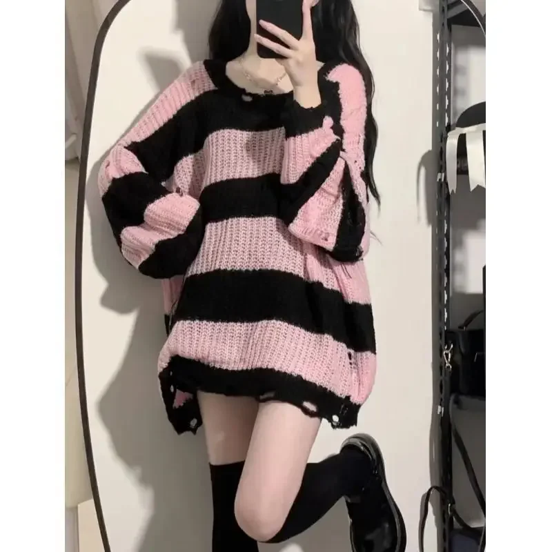 Black Knitted Sweater Women's Medium-Length Loose Fit Striped Casual Style Shirt2024 New Arrival Explosion Model Outerwear