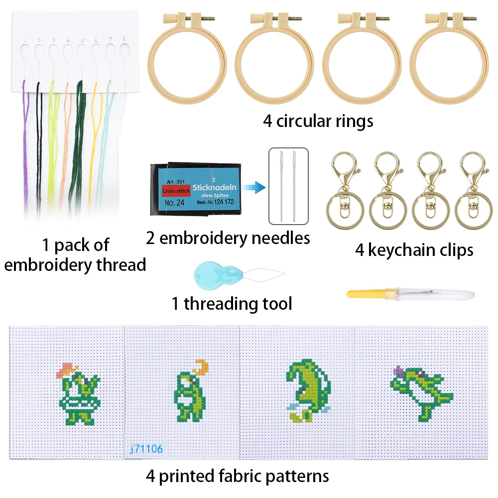 4pcs Embroidery Starter Kit DIY Cross Stitch Frog Pattern Craft Material Portable Needles Remover Threading Tool With Hoop Kids view 4