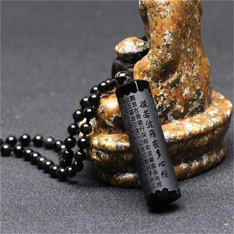 Natural Obsidian Prajna Paramita Sutra Buddha Necklace Pendant With Lucky Beads Chain Fashion Jewelry For Men Women