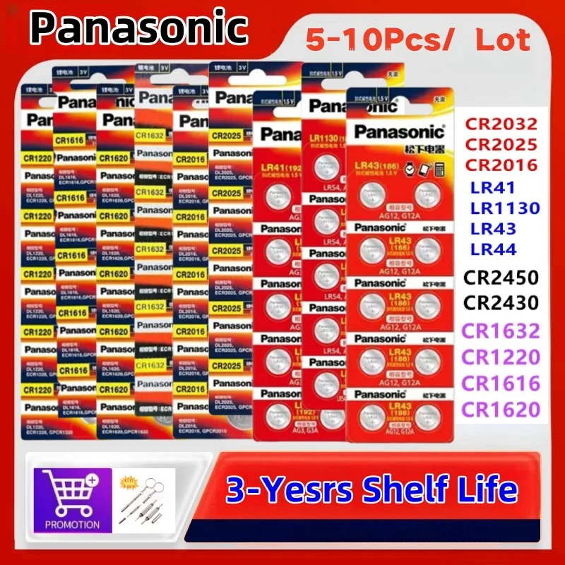 5-10Pcs Original Panasonic CR2032 batery CR2025 CR2016 batteria CR1632 CR1220 CR1616 CR1620 CR2450 CR2430 LR41 LR1130 LR43 LR44