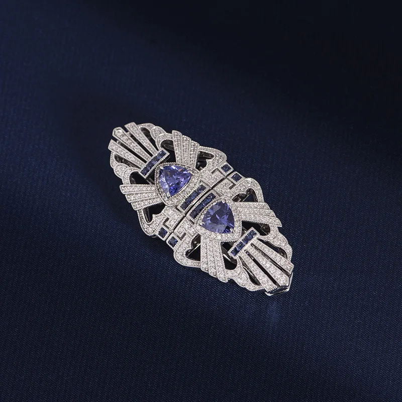 Nuevo Broche Vintage azul tanzanita, hebilla para bufanda de seda, plata de ley S925 chapada en oro, doble clip extraíble