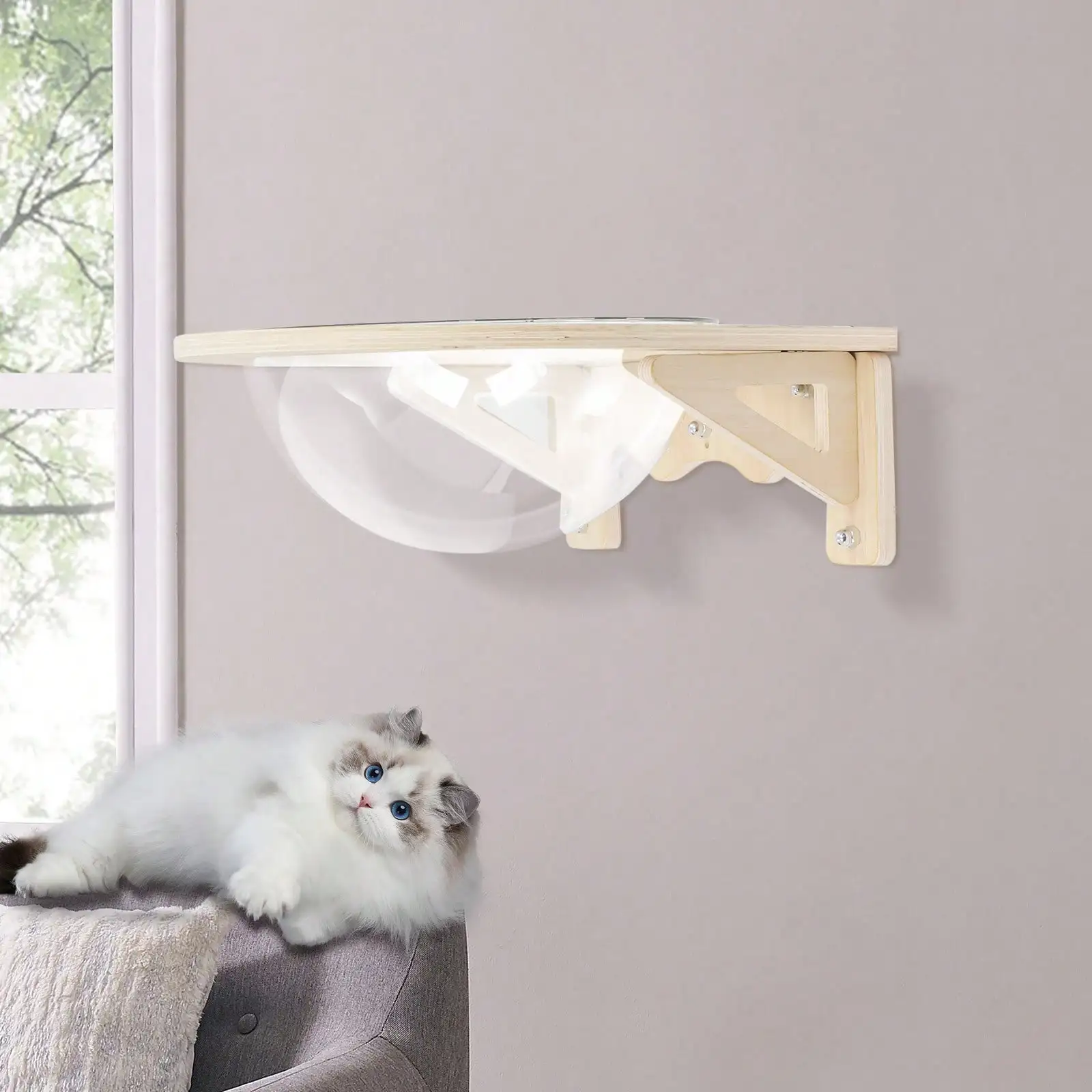 

15.75*15.75*5.91in Clear Cat House Wall-Mounted Wooden Cat Space Capsule Modern Clear Capsule Kitten Walls Shelves For Families,