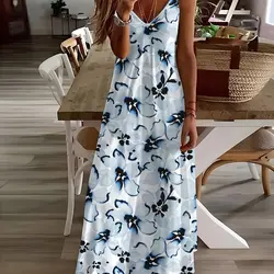 Casual Elegant Sleeveless Suspender Dress Summer Fashion Casual V-neck Long Dress Fresh Flower Print Street Fashion Dress
