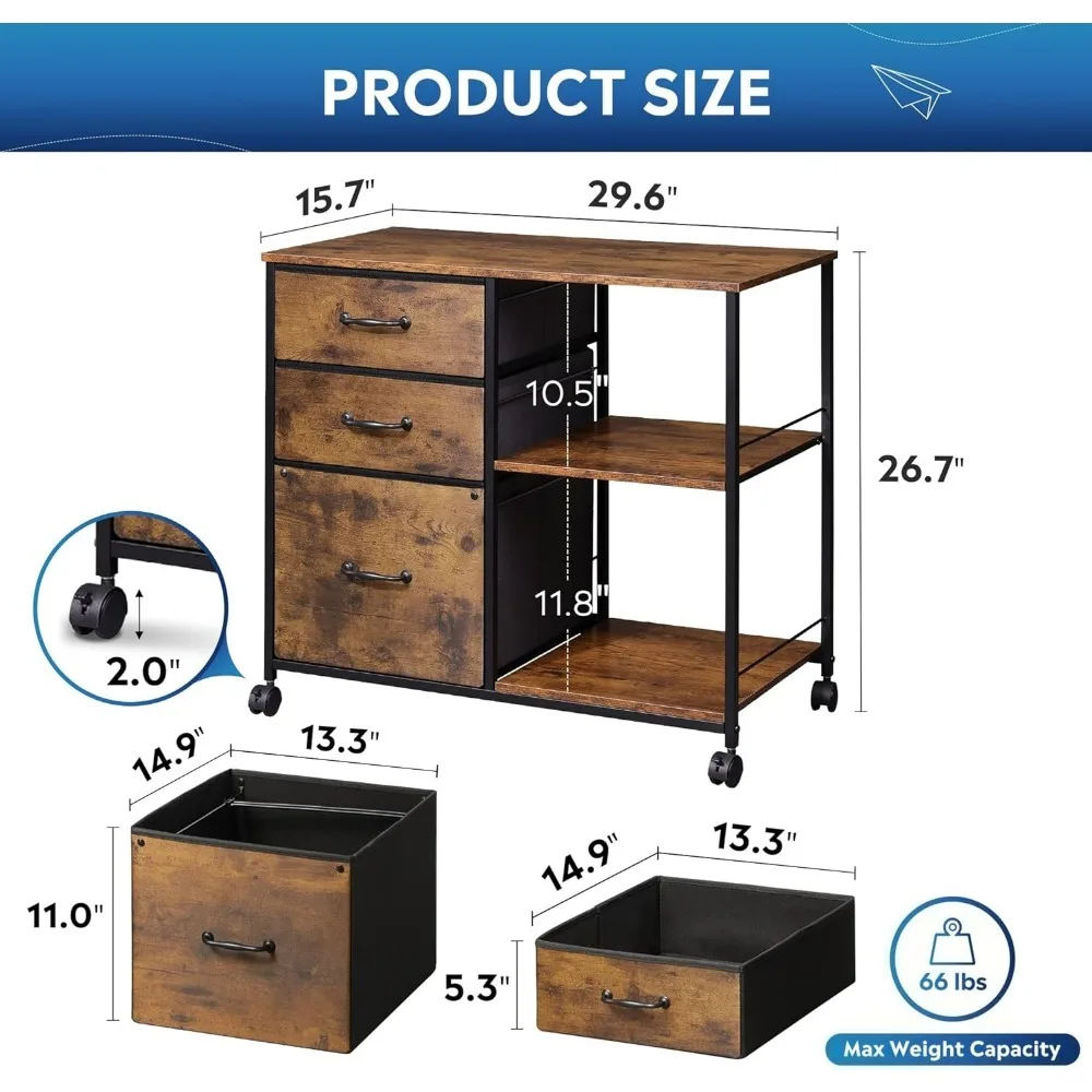 3-drawer Mobile Filing Cabinet, Rolling Printer Rack Filing Cabinet with Open Storage Rack, Rustic Brown Wood Grain