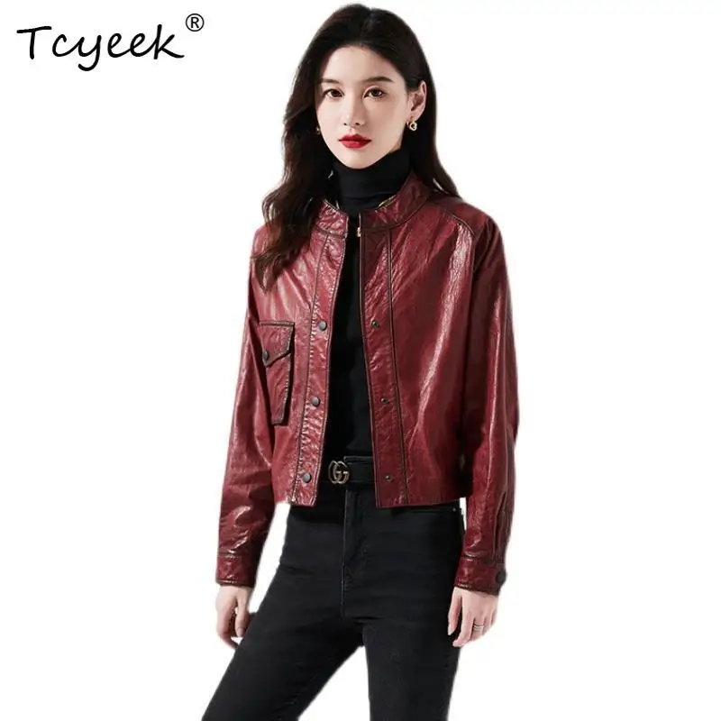 

Tcyeek Женская куртка из натуральной кожи весна-осень модная винтажная куртка с воротником-стойкой винно-красного цвета Женская Кожаная Куртка