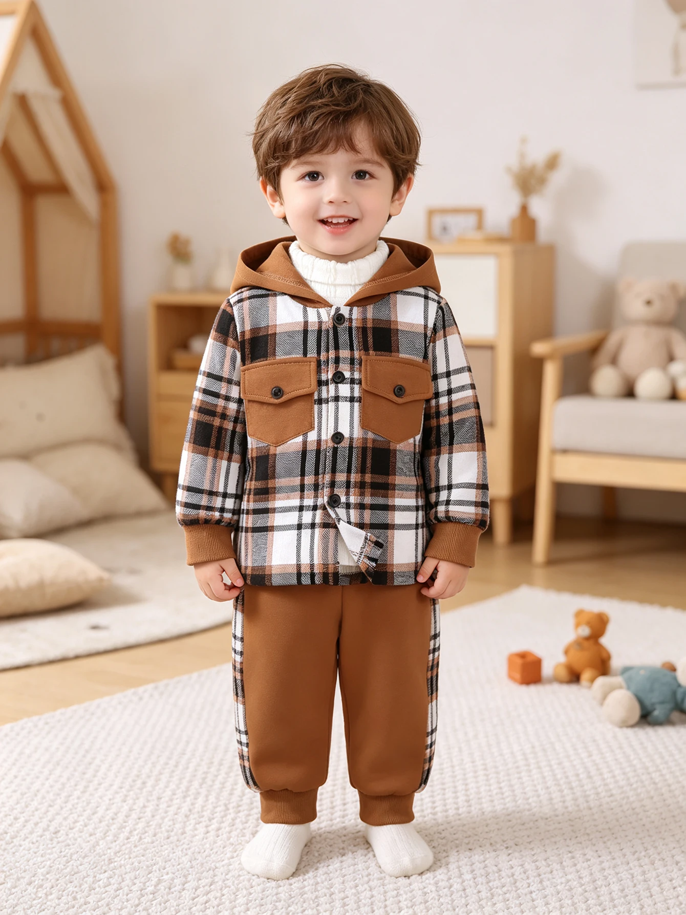 Baby Boy Autumn and Winter Plaid Hooded Two-Piece Set Infant Retro Brown Plaid Long-Sleeve Jacket and Pants Set Children's Casual Outdoor Wear Versatile Children's Clothing 2-Piece Set