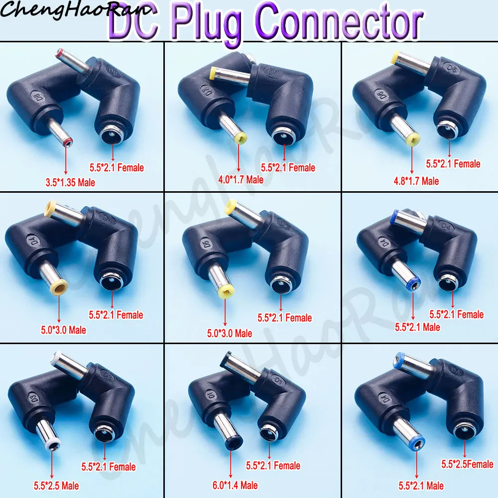 DC Connector 5.5 *2.1 Female Adapter to 3.0×1.35/ 5.0*3.0/ 4.0×1.7/ 5.5×2.1/ 5.5×2.5/6.3×3.0/ 6.0×4.4MM Male 90 Degree Connector