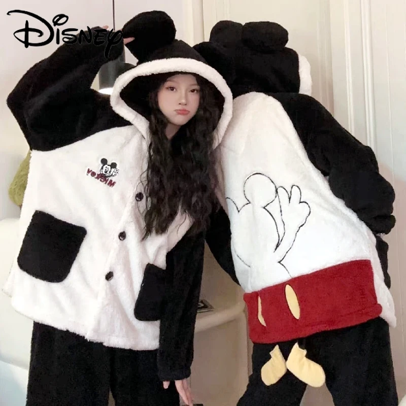 Disney Mickey Women's Pajamas Pajama Set Home Wear Long Sleeve Cartoon Pijama Set Sleepwear Pyjamas Thick Warm Nightwear Gift