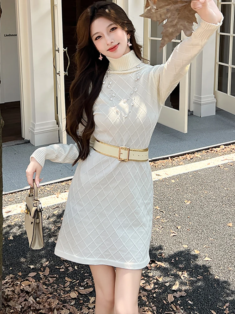 Otoño Invierno blanco tejido a cuadros Chic vendaje Mini vestido mujeres elegante ceñido al cuerpo vestido de cuello alto 2025 vestido de fiesta de moda coreana