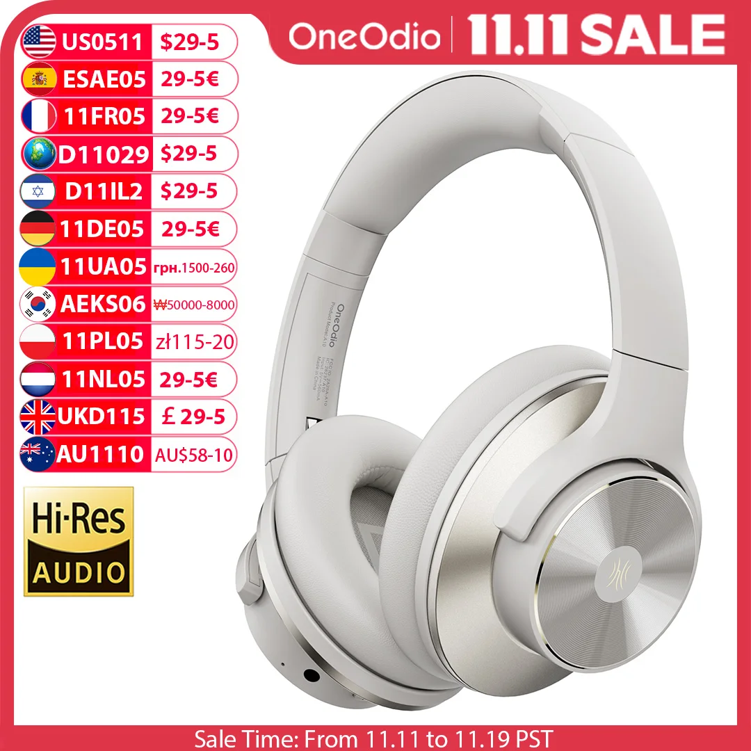 

Oneodio A10 ANC Wireless Bluetooth Headphones Hi-Res Audio Over Ear Headset 35dB Hybrid Active Noise Cancelling Headphones 50H
