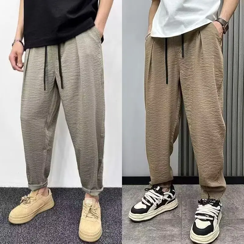 2026 summer new ice silk thin breathable hanging casual pants for men, trendy loose straight leg