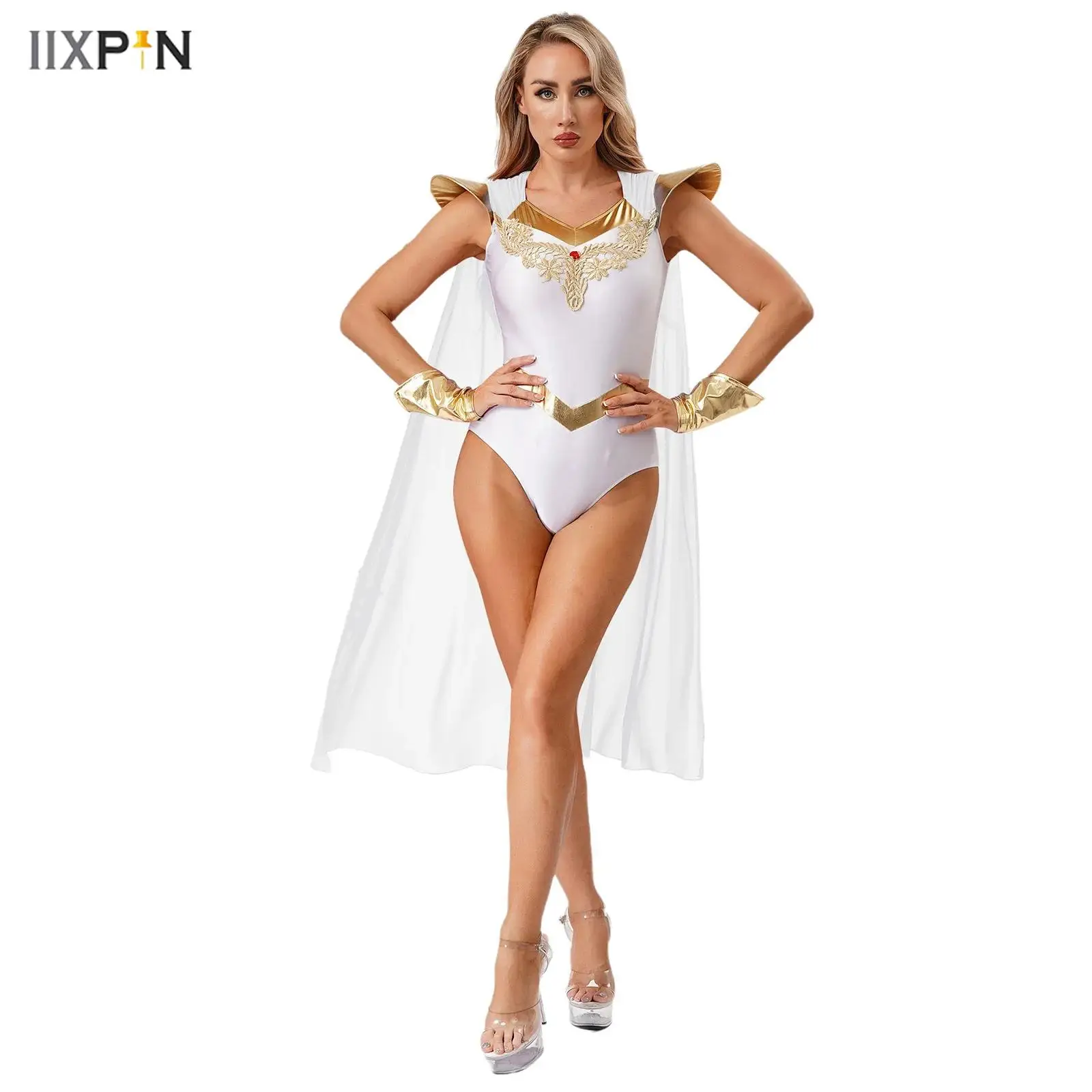 

Womens Halloween Greek Queen Jumpsuit Guipure Lace Decor Fly Sleeve Long Cloak Bodysuit+Sleeves Gem for Masquerade Cosplay Party