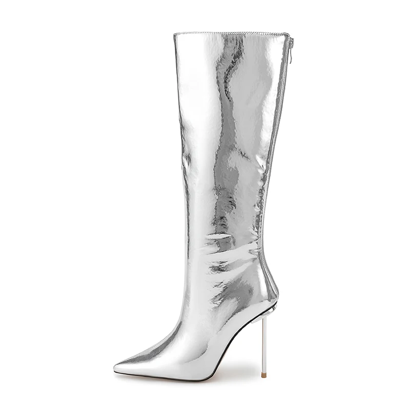 

Arden Furtado 2024 Winter Commute Middle boots Metal leather Pointed toe Super high heel Back zipper Silver Modern boots