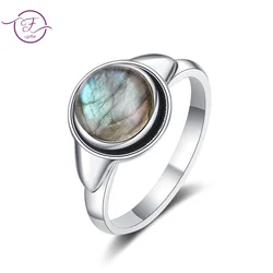 Simple Ring Jewelry Natural Labradorite 925 Sterling Silver Round Tiger Eye Moonstone Ring for Women Wedding Party Luxury Gift