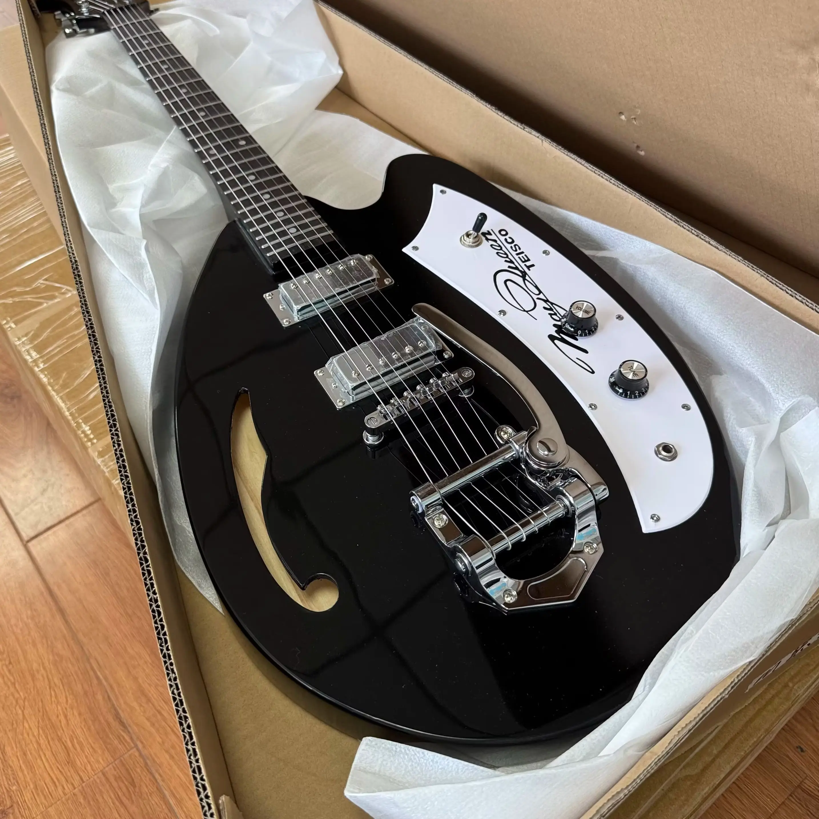 Waterdrop Round Electric Guitar Semi-Hollow Structure F-Hole Metal Black Body White Irregular Guard Plate Christmas Gifts