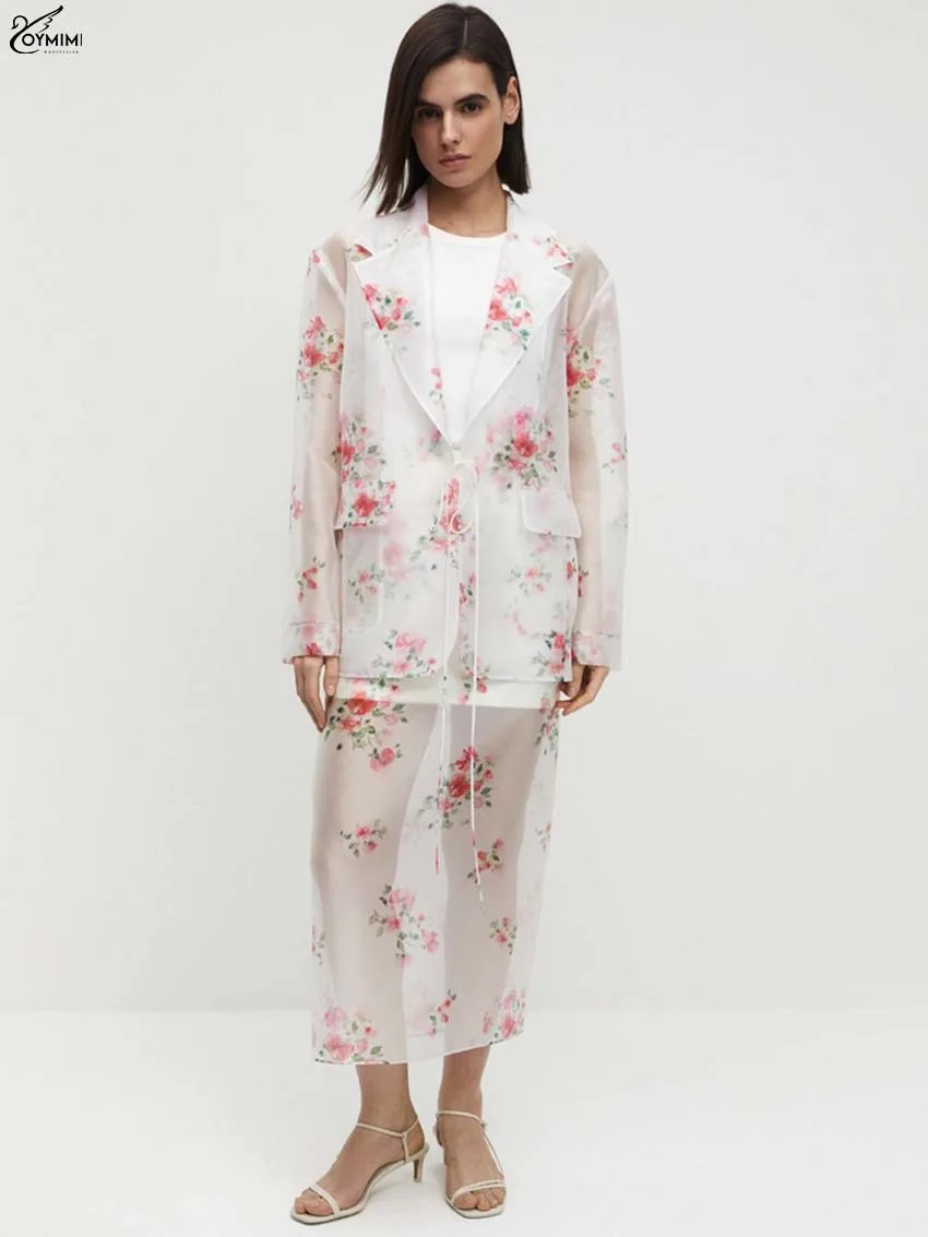 

Oymimi Fashion White Print Women's Two Pieces Set Elegant Lapel Long Sleeve Lace-Up Shirts And Straight Mid-Calf Skirts Sets