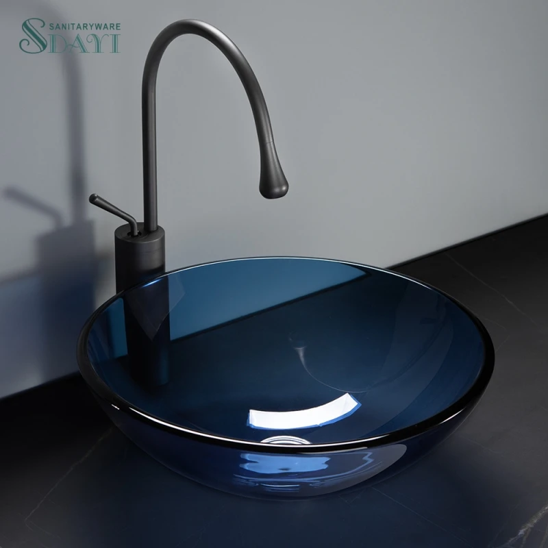 SDAYI Bathroom Wash Basin Solid Faucet Tempered Glass Table Top Basin Blue Glass Art Wash Basin Round Shell Sinks