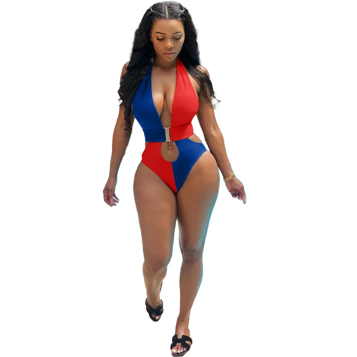 Y5128 Summer Women's Sexy Backless Patchwork Solid Color One-Piece Swimsuit