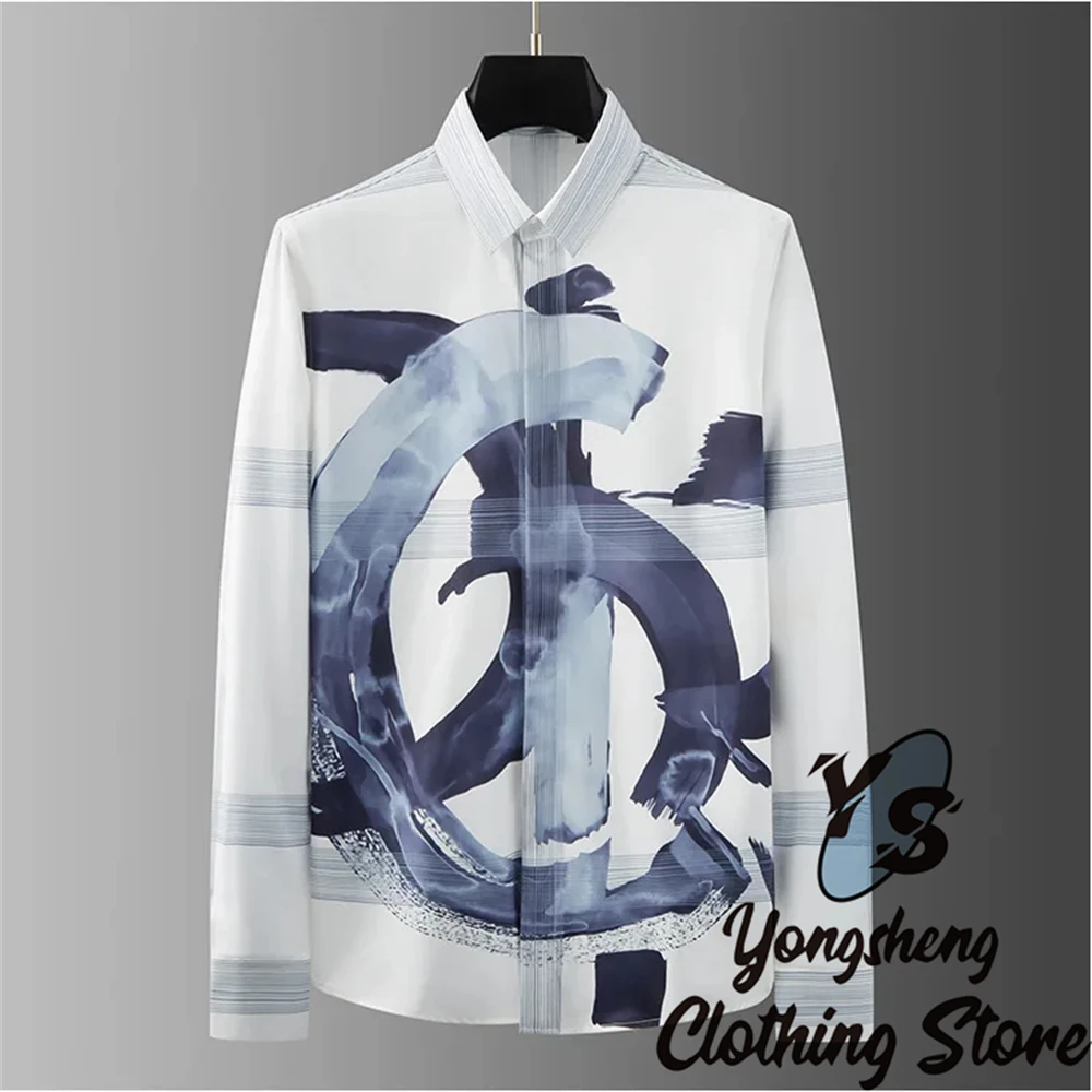 Luxury Letter Print Shirt Men's Long Sleeve Slim Fit Casual Shirt High Quality Fashion Korean Extra Large Size Men's Clothing