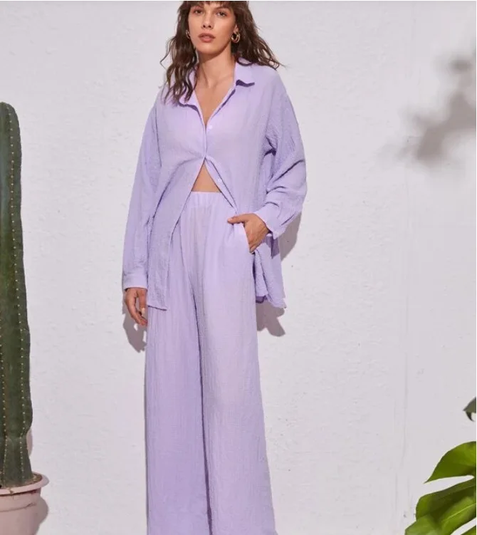 

Casual Solid Color Long-sleeved Shirt + High Waist Pocket Trousers Suit Women Spring Slit Shirt Trousers Suit For Women