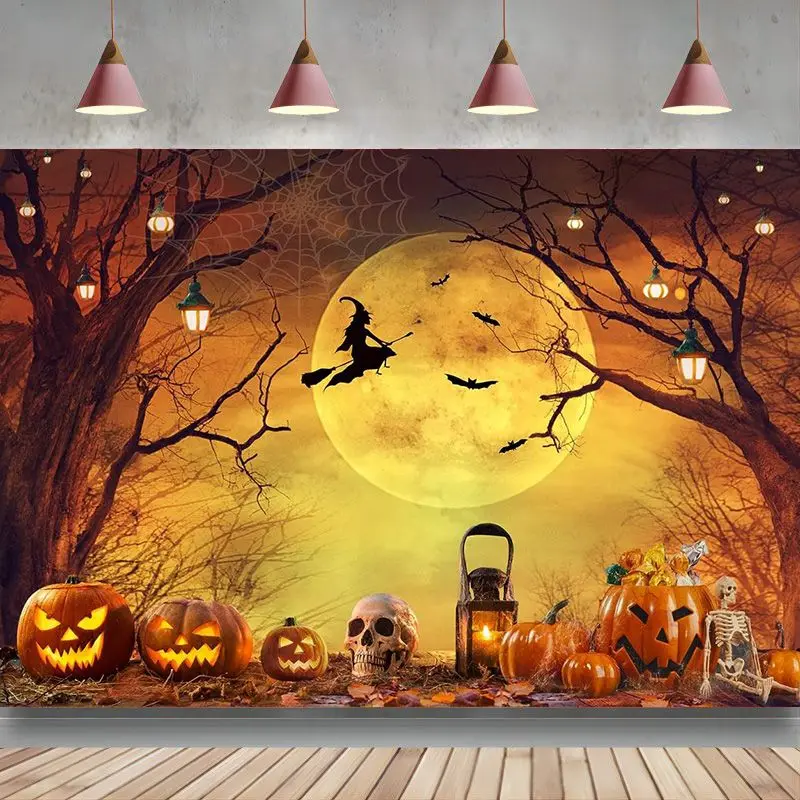 Halloween Party Decoration Backdrop Starry Sky Moon Horror Night Scary Pumpkin Photography Background Photo Booth Studio Props