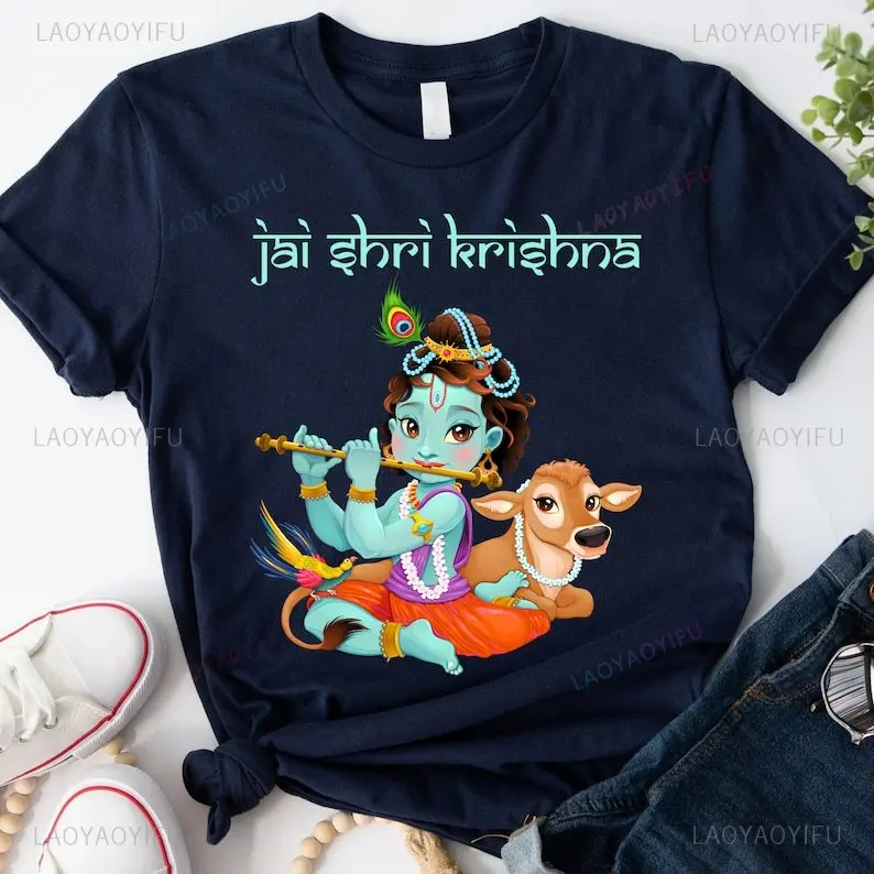 Bal Krishna Printed T-shirt Outfit Hindu God Krishnas Jai Shree Krishna Woman Clothing Indian Culture Hare Ram Hare Cotton Tops