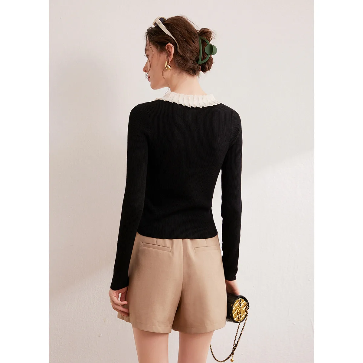 LOUIS YAO New Two-tone Splicing V-neck Pullovers 2025 Autumn New Cardigan Slim Fit Slightly Elastic Women's Knitted Sweater