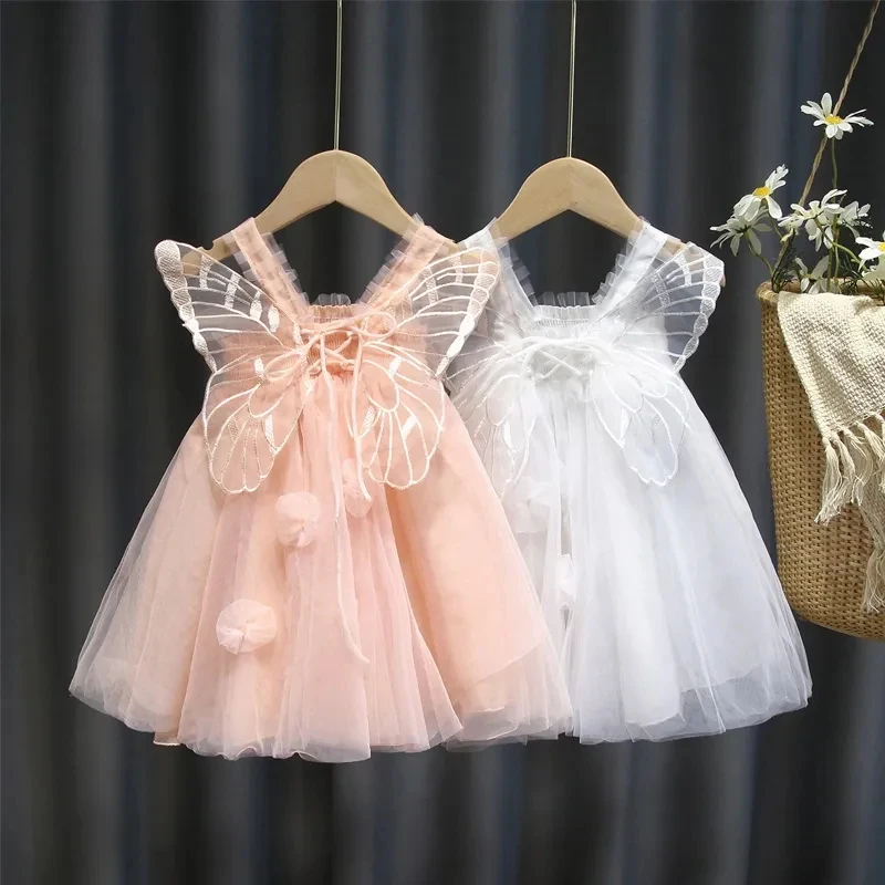 

Baby Girl's Dress Summer Pink Cute Suspenders + Wings European American Style Elegant Princess Mesh Dress Birthday Party Clothes