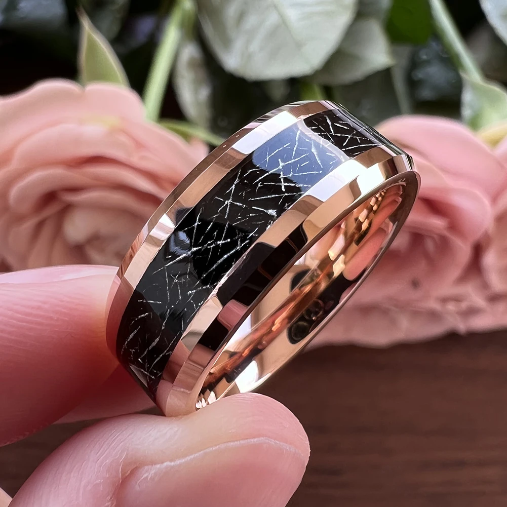 8mm Wholesale Meteorite Inlay Tungsten Ring Men Women Fashion Engagement Wedding Band Beveled Polished Shiny Jewelry – Detail 3