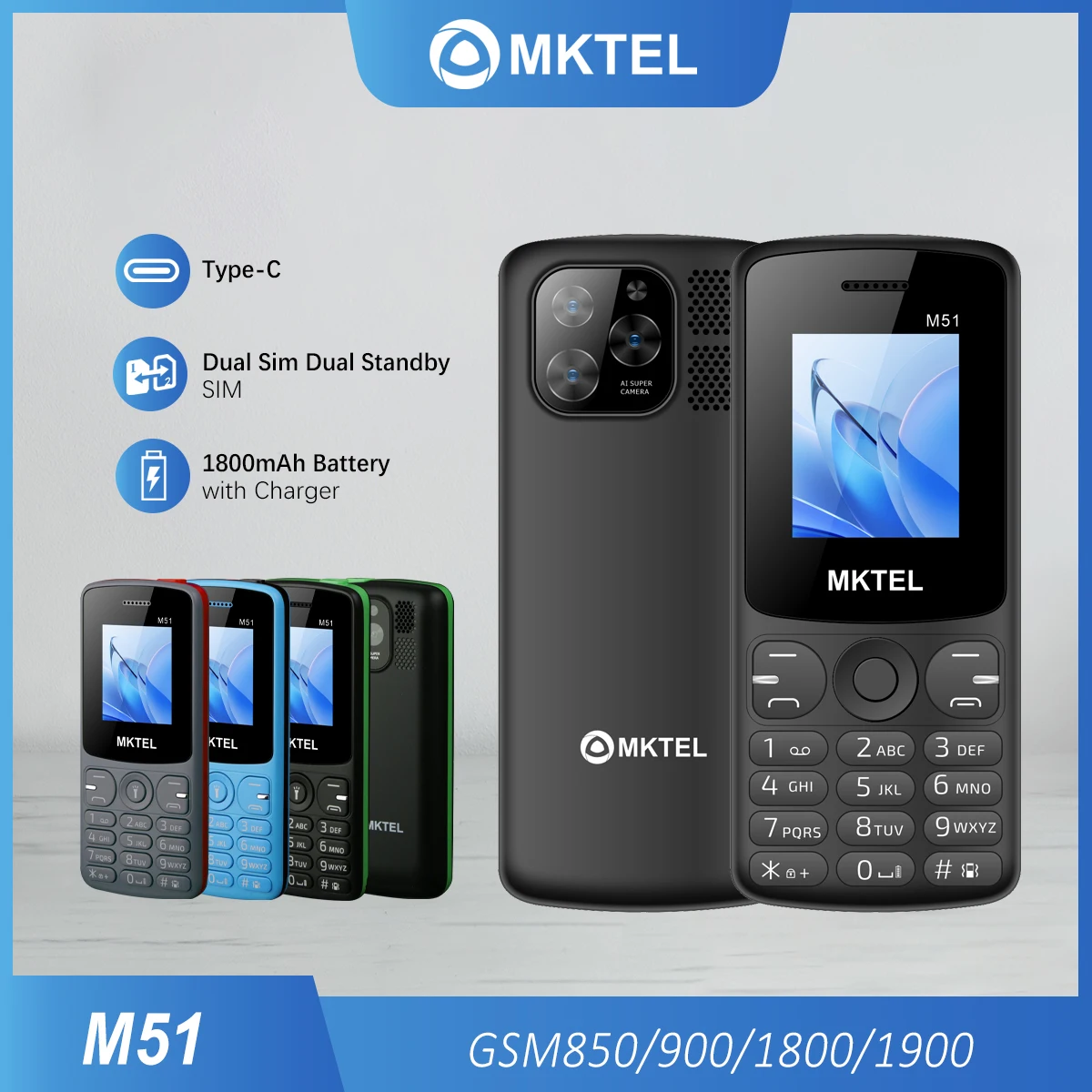 M51 Feature Phone 1.77 Inch Screen 80000 Pixels Camera 1800mAh Battery Dual SIM FM Radio Torch Type‑C Charging Unlocked Ba