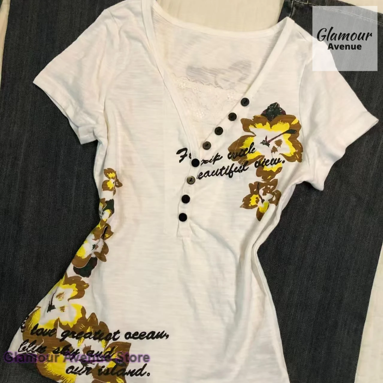 

American retro lace V-neck printed short-sleeved T-shirt women's summer new high-grade waist and shoulder slim joker top