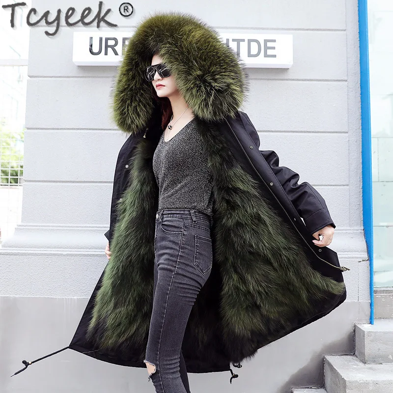 Tcyeek-Parka d'hiver chaude pour femme avec doublure en fourrure de renard, veste en fourrure véritable, vêtements pour femmes, col en fourrure de raton laveur et de chien, mode 2023