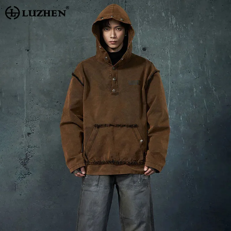 LUZHEN 2025 New Fashion High Street Style Kangaroo Pockets Design Loose Hooded Pullover Men's Wornout Original Sweatshirt LZ8453