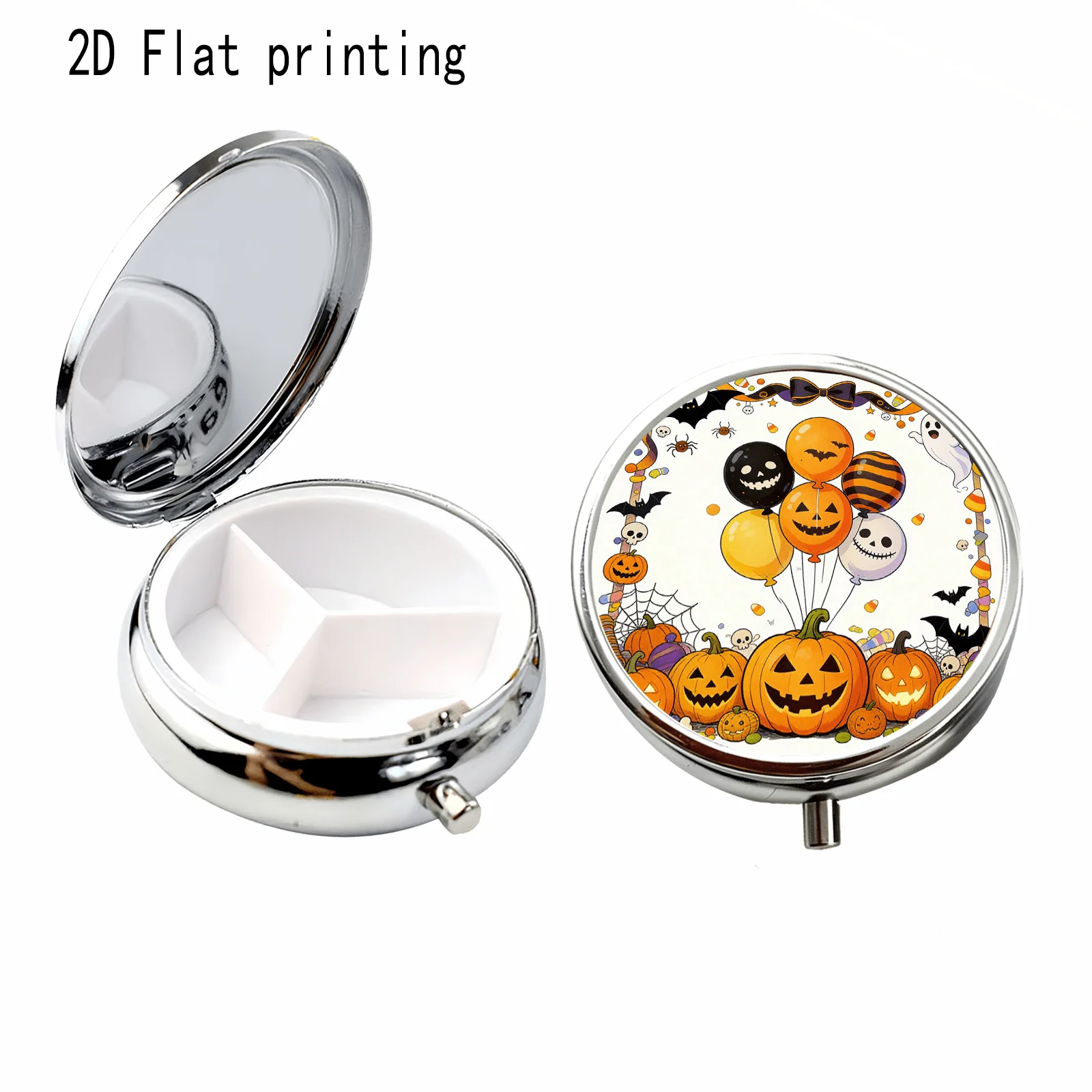 1Pc Flat Children's Style Halloween Pumpkin Balloon Watercolor Illustration Pattern, Round Three-Compartment Small Medicine Box, Portable Medicine Storage, Small Jewelry Storage, Suitable for Handbags or Travel, Holiday Gifts, Souvenirs, Prizes, Small Gifts, for Personal Use or as Exquisite Gifts
